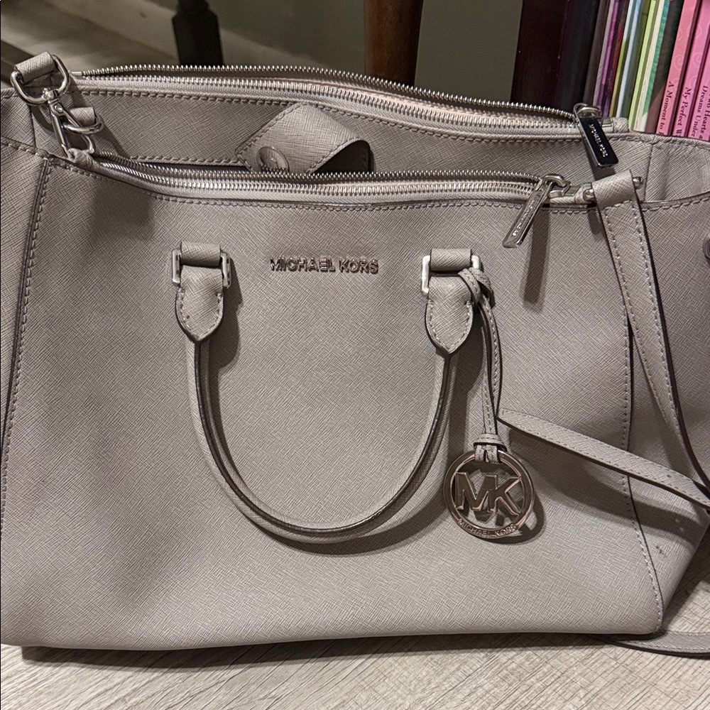 Michael Kors Taupe Saffiano Leather Satchel with MK Charm